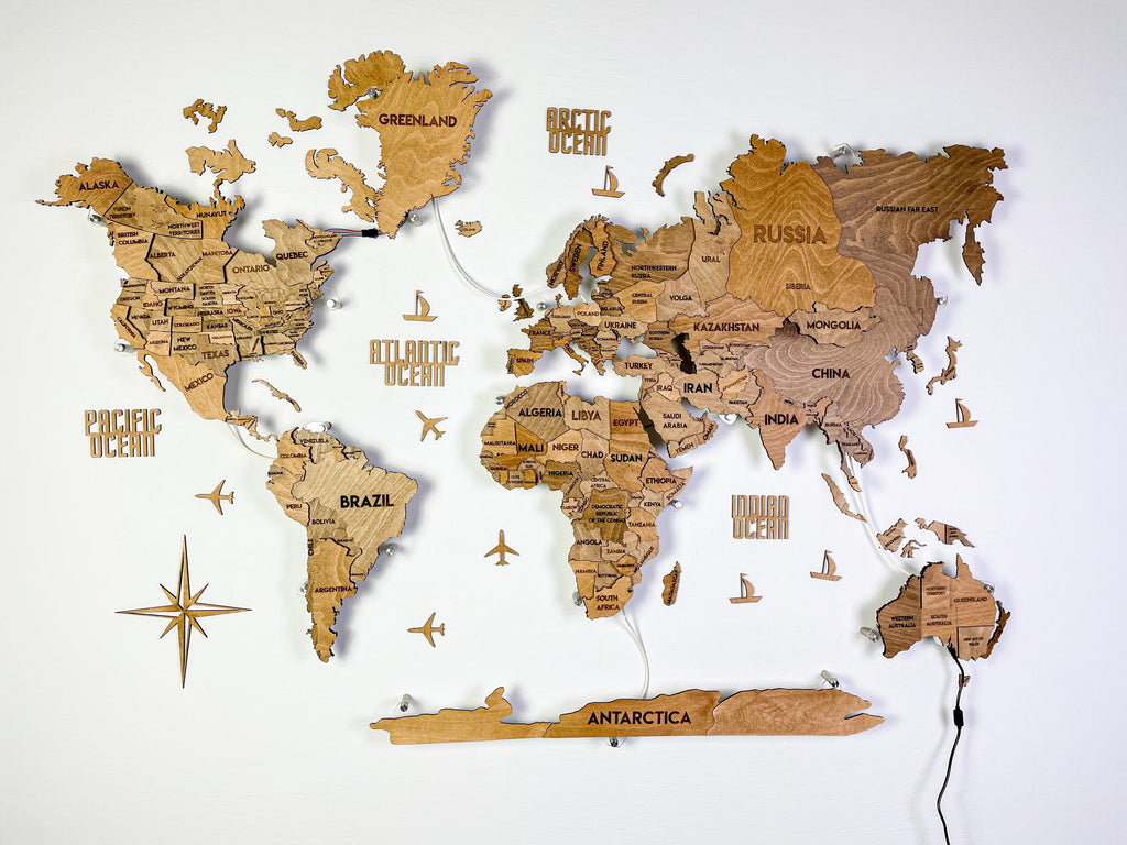 LED 3D Wooden Multilayer world map color Brown — buy | FACTURA