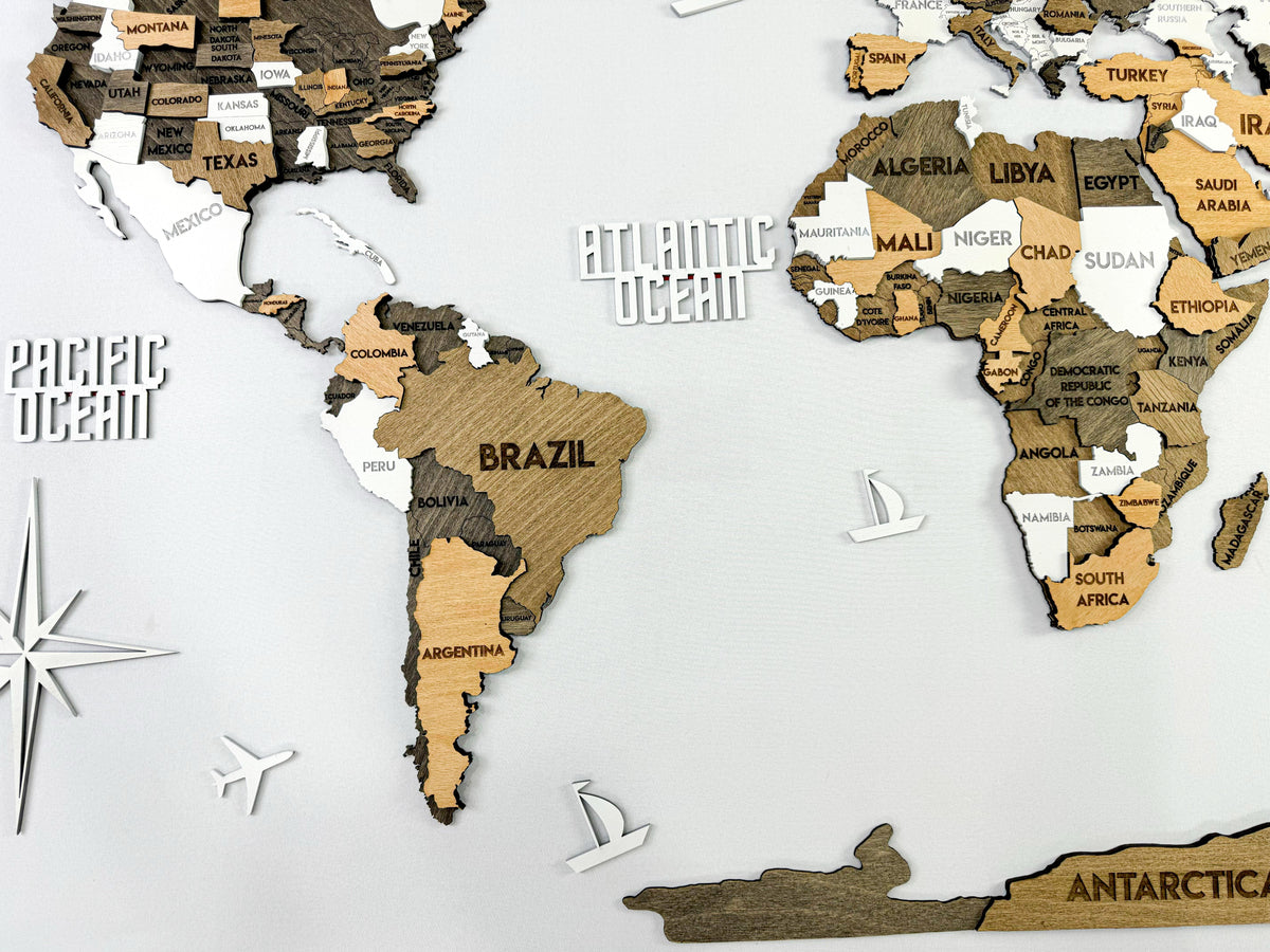 3D Wooden Multilayer world map color Capucino — buy | FACTURA