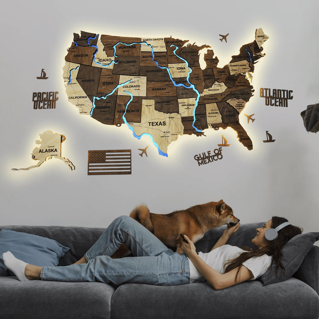 Wooden USA Map With LED – With Rivers, color Wander — buy | FACTURA