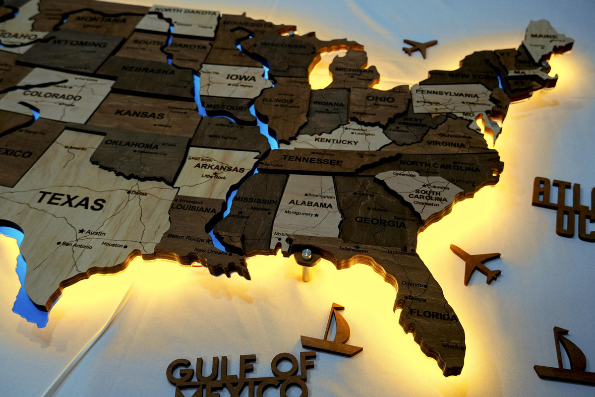 Wooden USA Map With LED – With Rivers, color Wander — buy | FACTURA