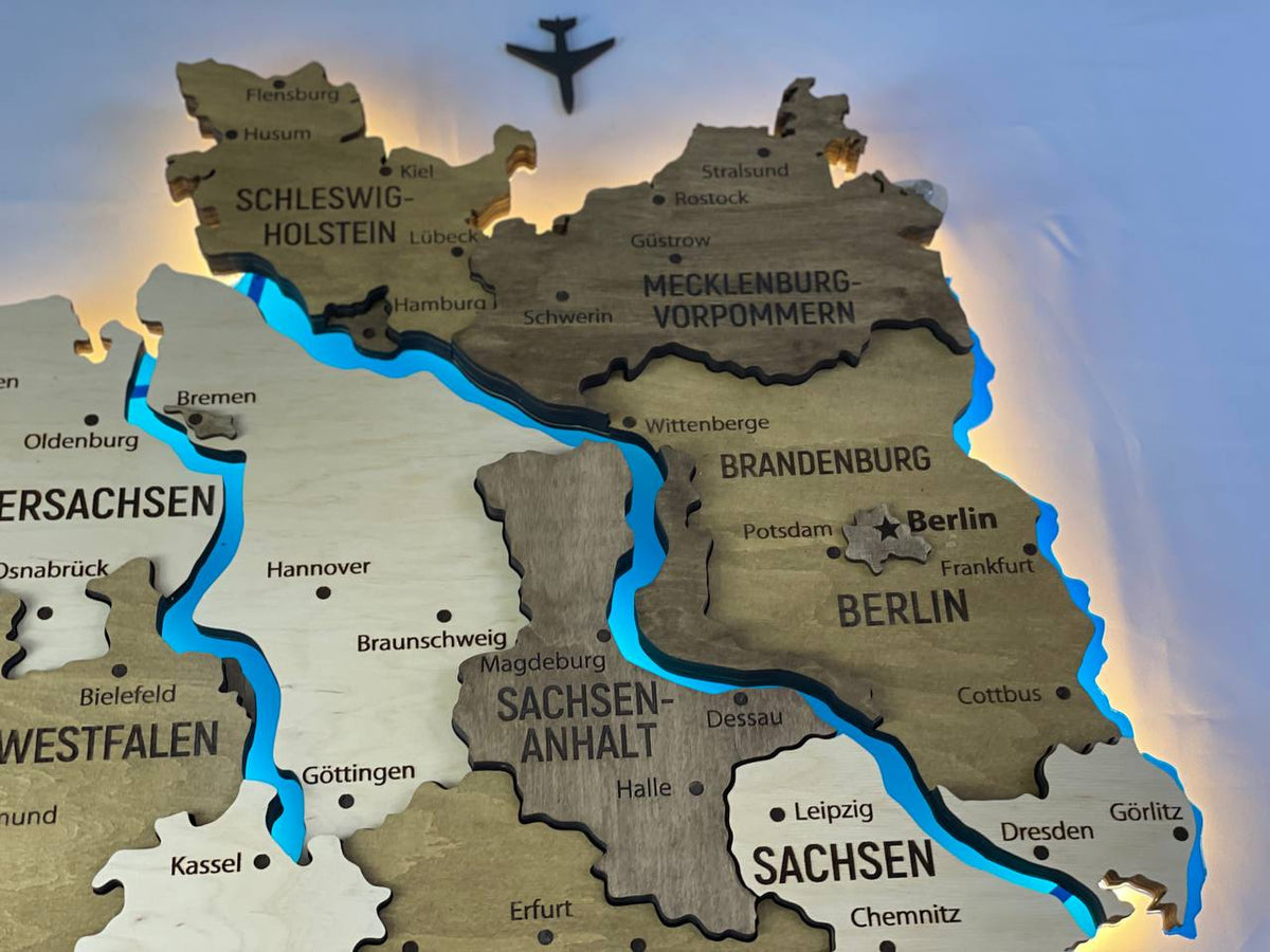 Akrylowa mapa Niemiec z rzekami, kolor Wonder