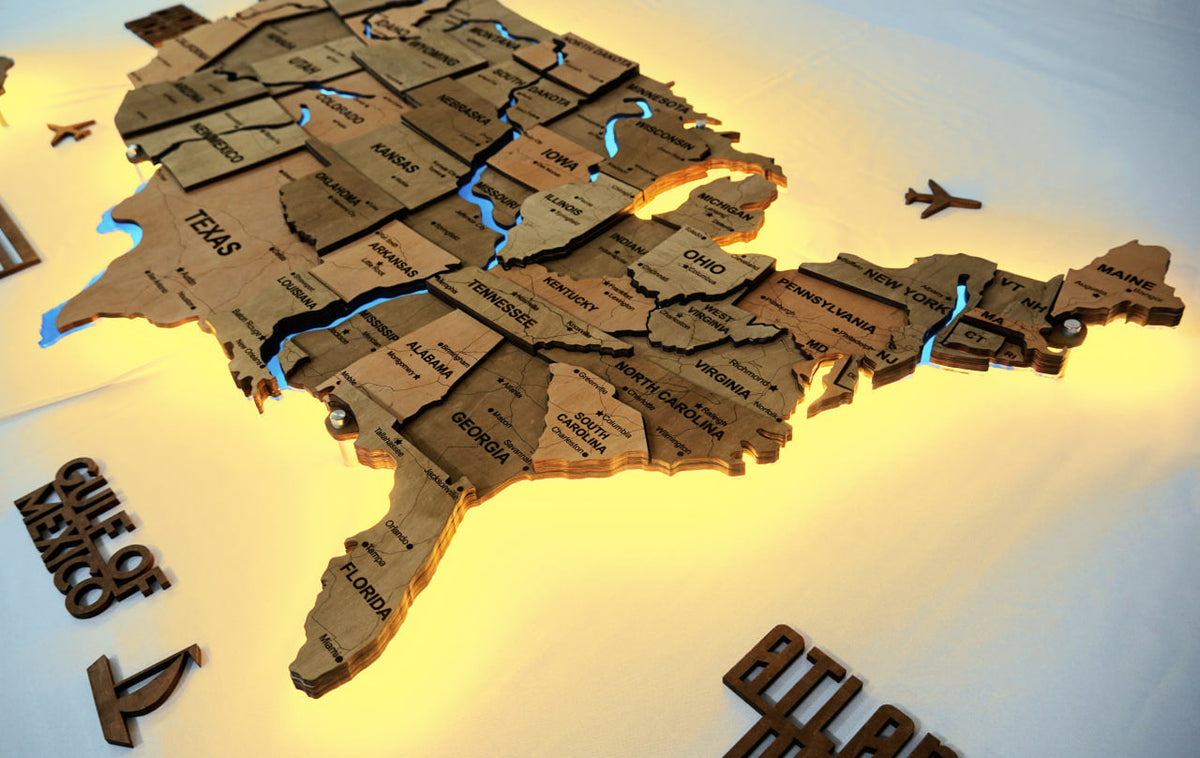 Wooden USA Map With LED – With Rivers, color Light Tree — buy | FACTURA