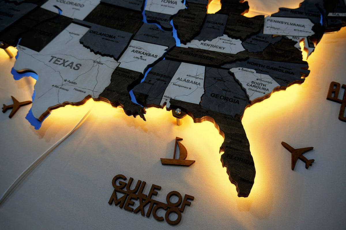 Wooden USA Map With LED – With Rivers, color Loft — buy | FACTURA
