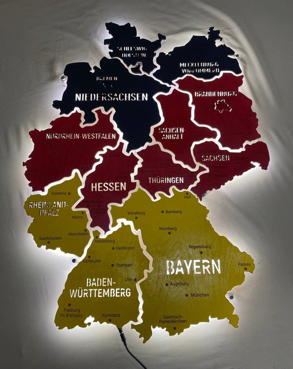 Germany LED map on acrylic glass with backlighting between regions color Flag — buy | FACTURA