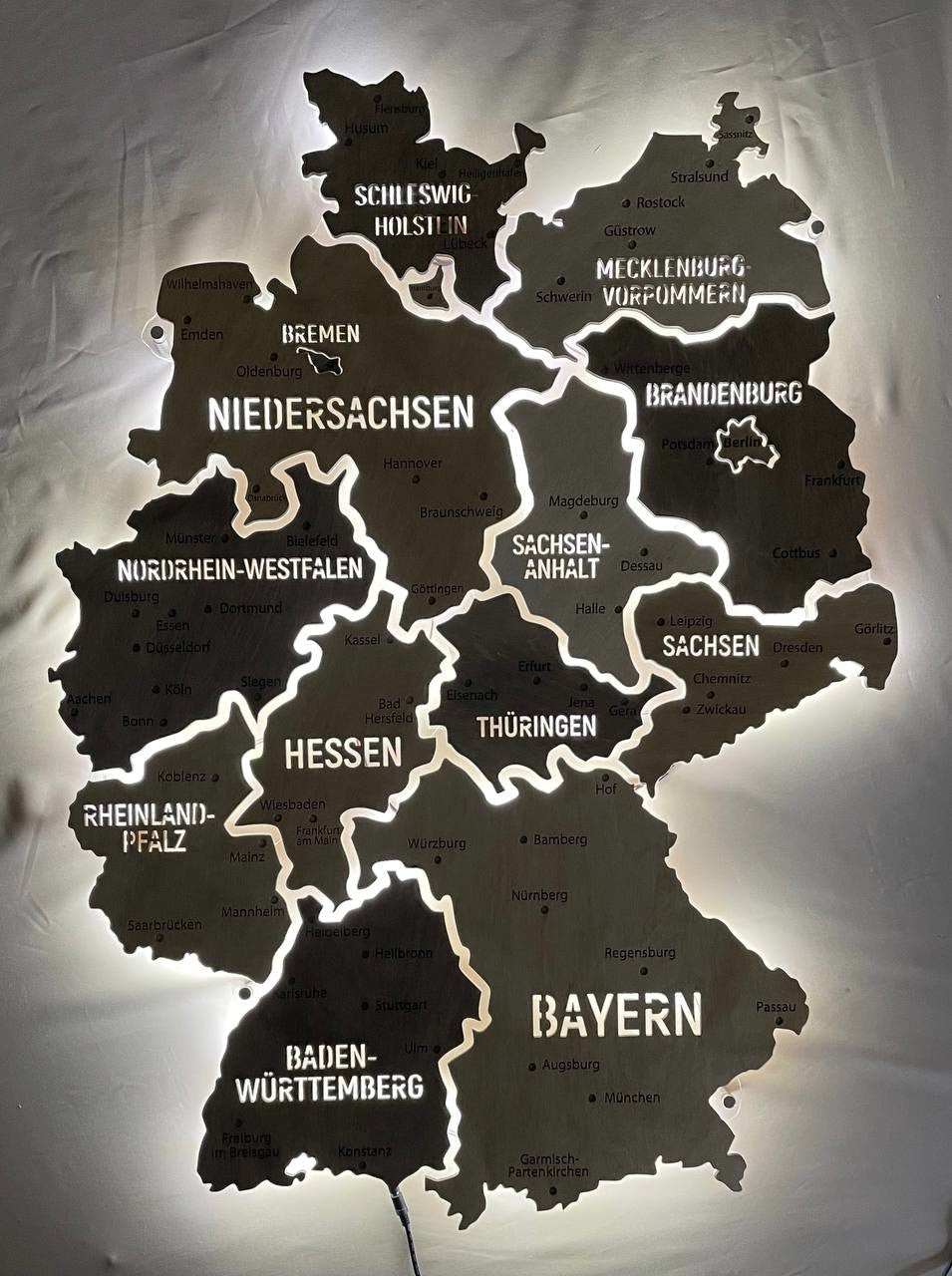 Germany LED map on acrylic glass with backlighting between regions color Nut — buy | FACTURA