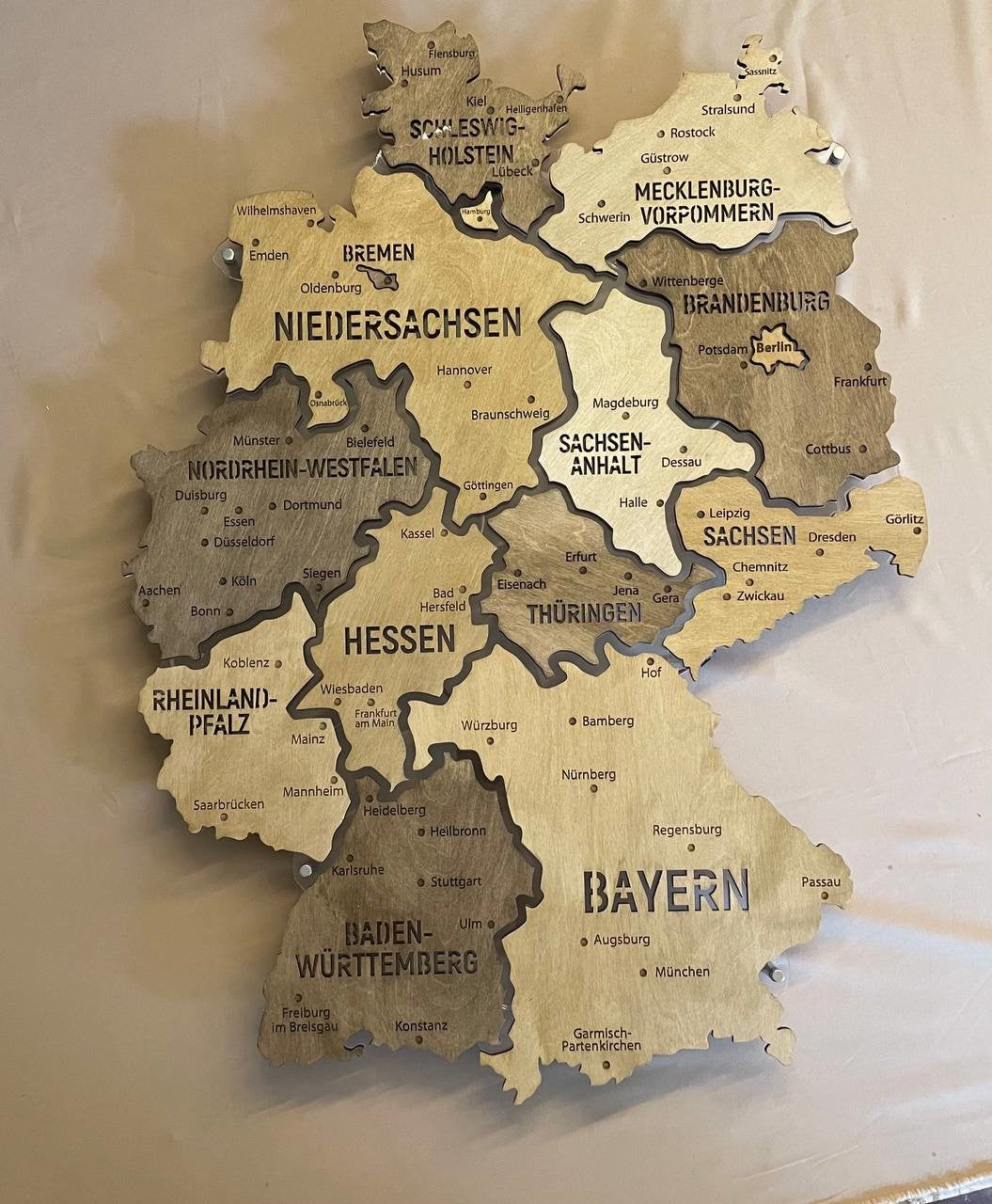 Germany LED map on acrylic glass with backlighting between regions color Nut — buy | FACTURA