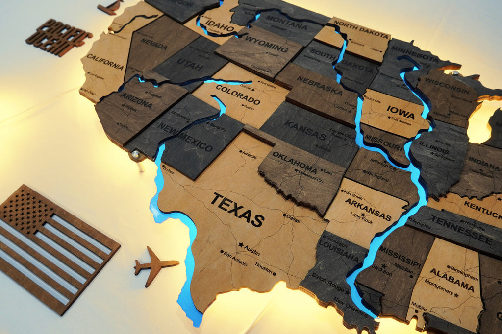 Wooden USA Map With LED – With Rivers, color Brut — buy | FACTURA