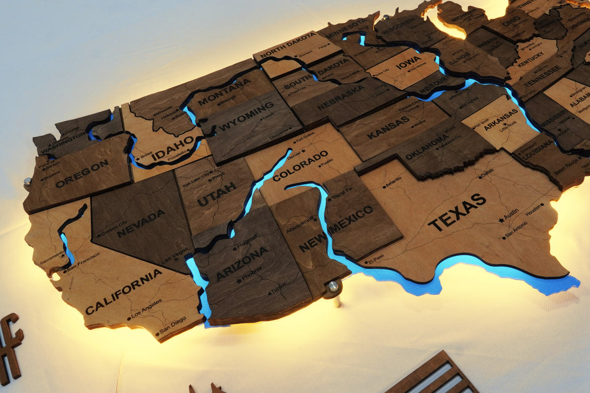 Wooden USA Map With LED – With Rivers, color Elis — buy | FACTURA