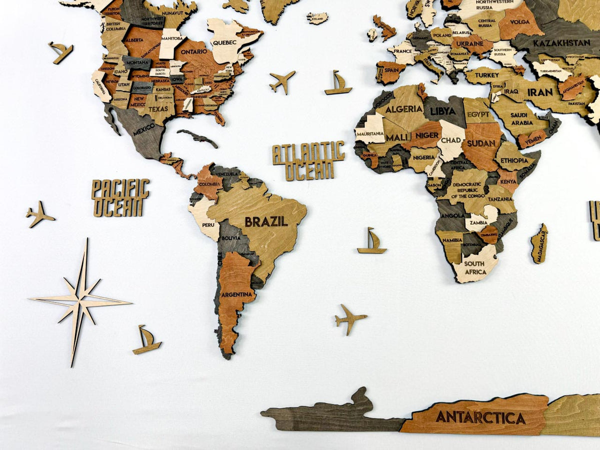Drewniana mapa świata 3D wielowarstwowa, kolor Classic