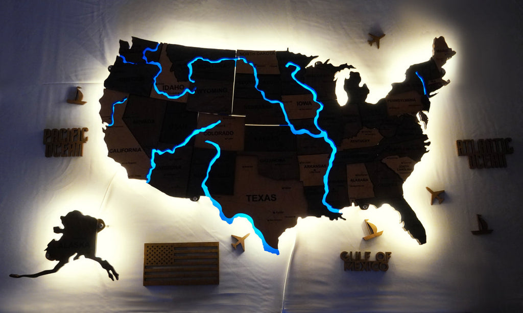 Wooden USA Map With LED – With Rivers, color Brut — buy | FACTURA