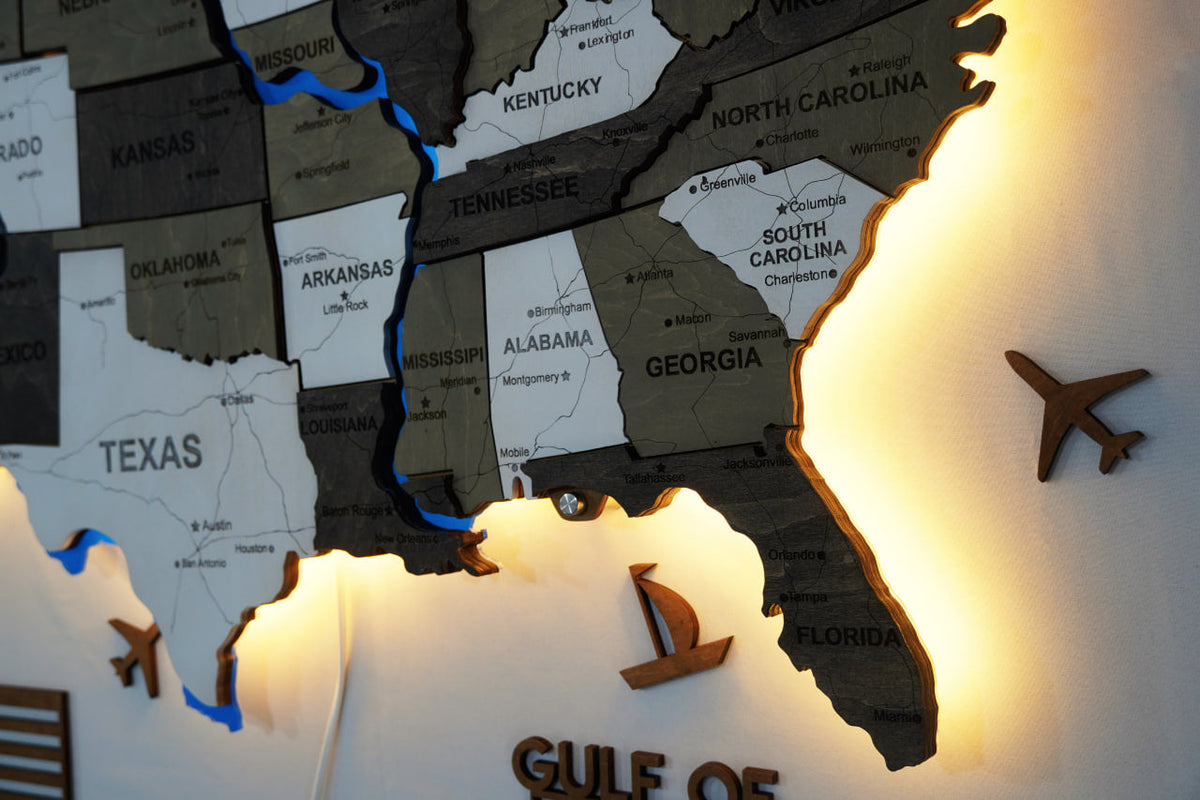 Wooden USA Map With LED – With Rivers, color Black&White — buy | FACTURA