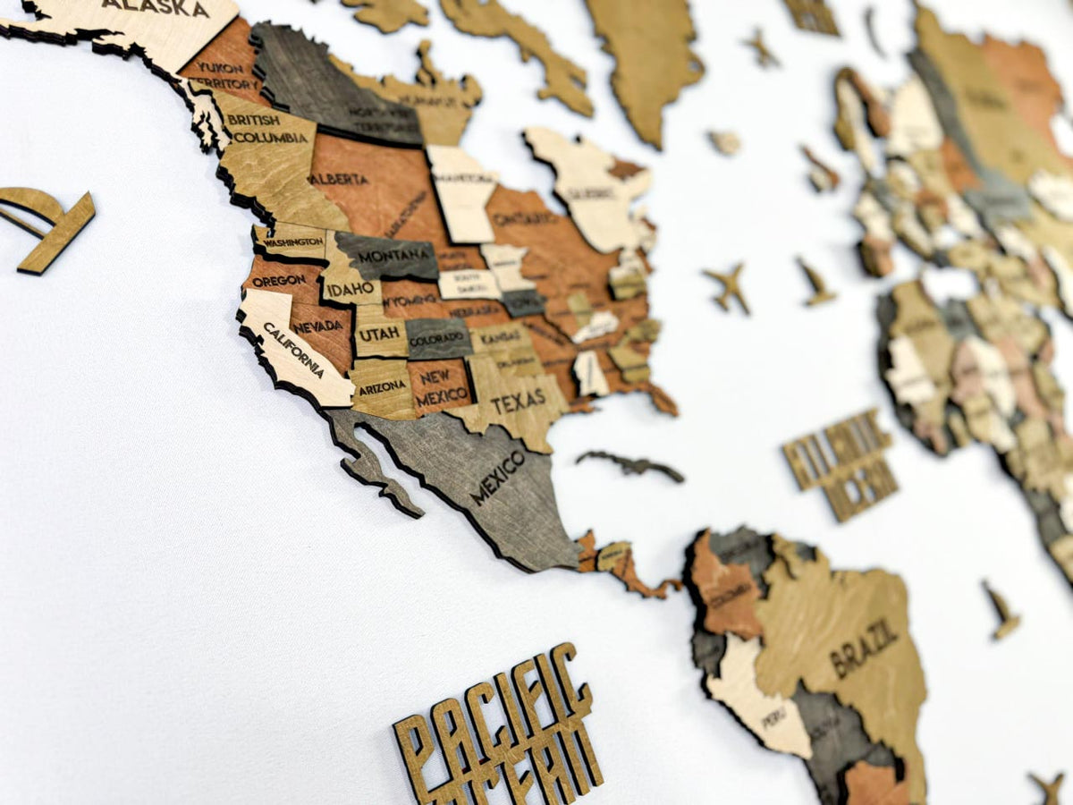Drewniana mapa świata 3D wielowarstwowa, kolor Classic