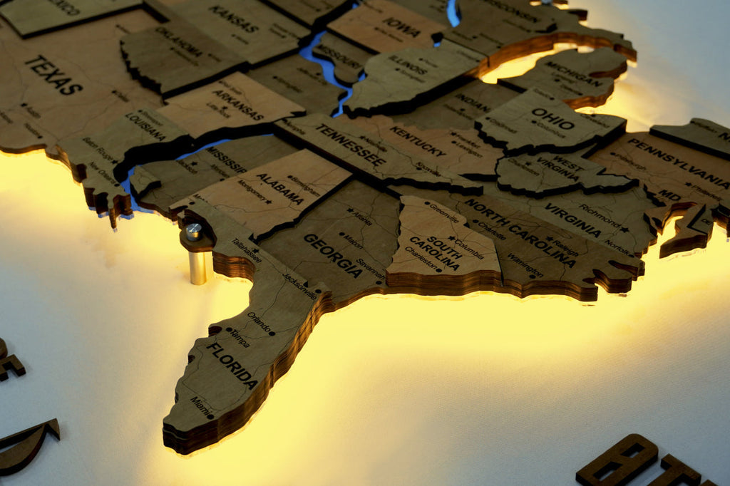 Wooden USA Map With LED – With Rivers, color Light Tree — buy | FACTURA