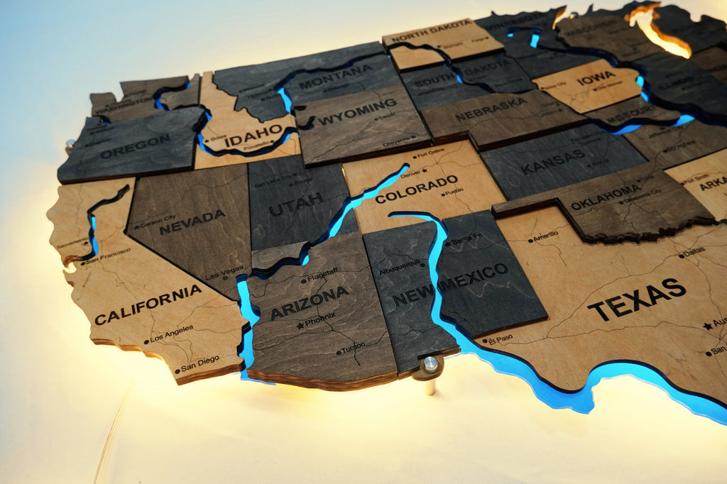 Wooden USA Map With LED – With Rivers, color Brut — buy | FACTURA