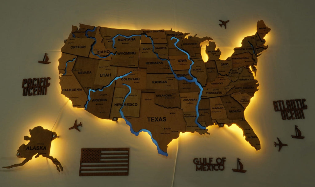 Wooden USA Map With LED – With Rivers, color Light Tree — buy | FACTURA