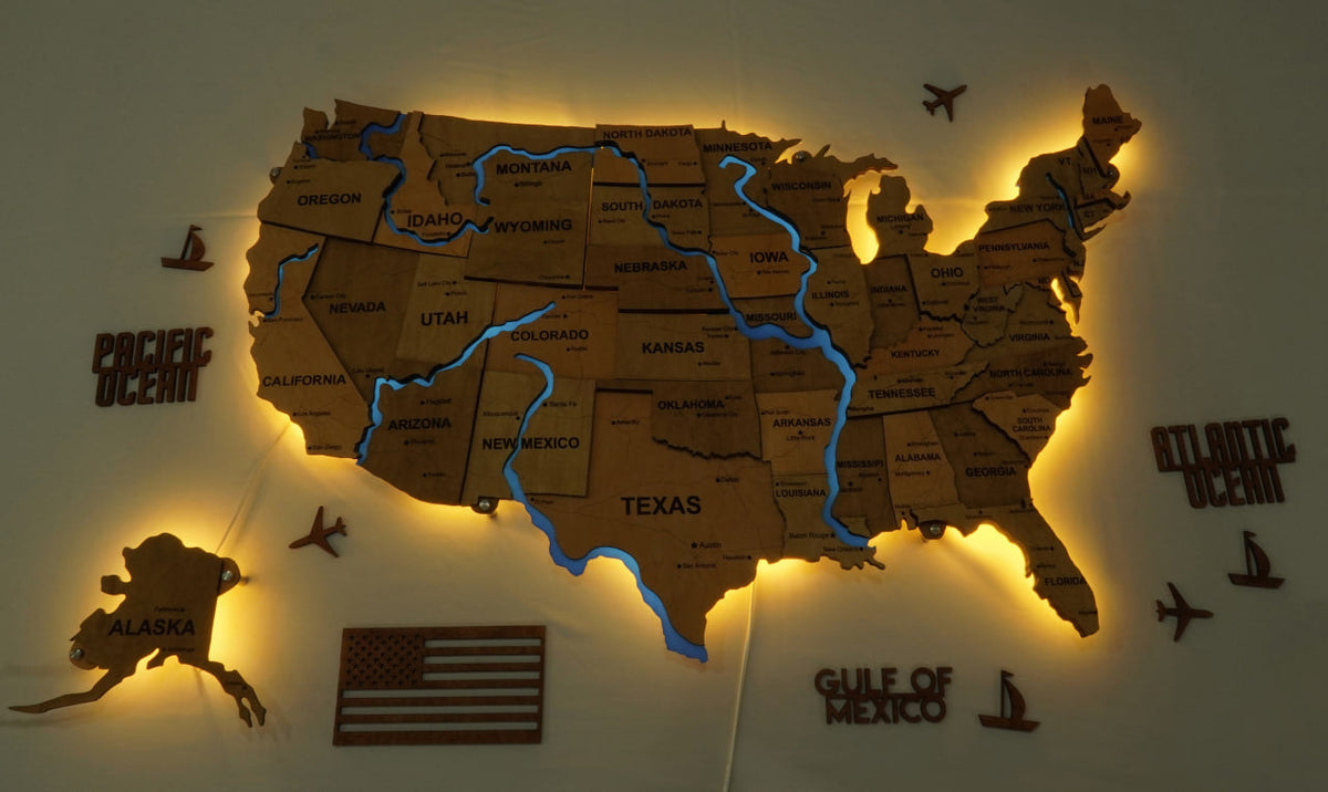 Wooden USA Map With LED – With Rivers, color Light Tree — buy | FACTURA