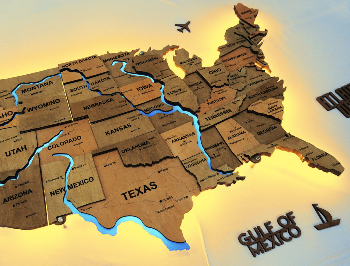 Wooden USA Map With LED – With Rivers, color Light Tree — buy | FACTURA