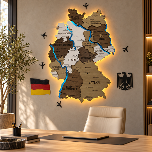 Akrylowa mapa Niemiec z rzekami, kolor Czarno-Biały