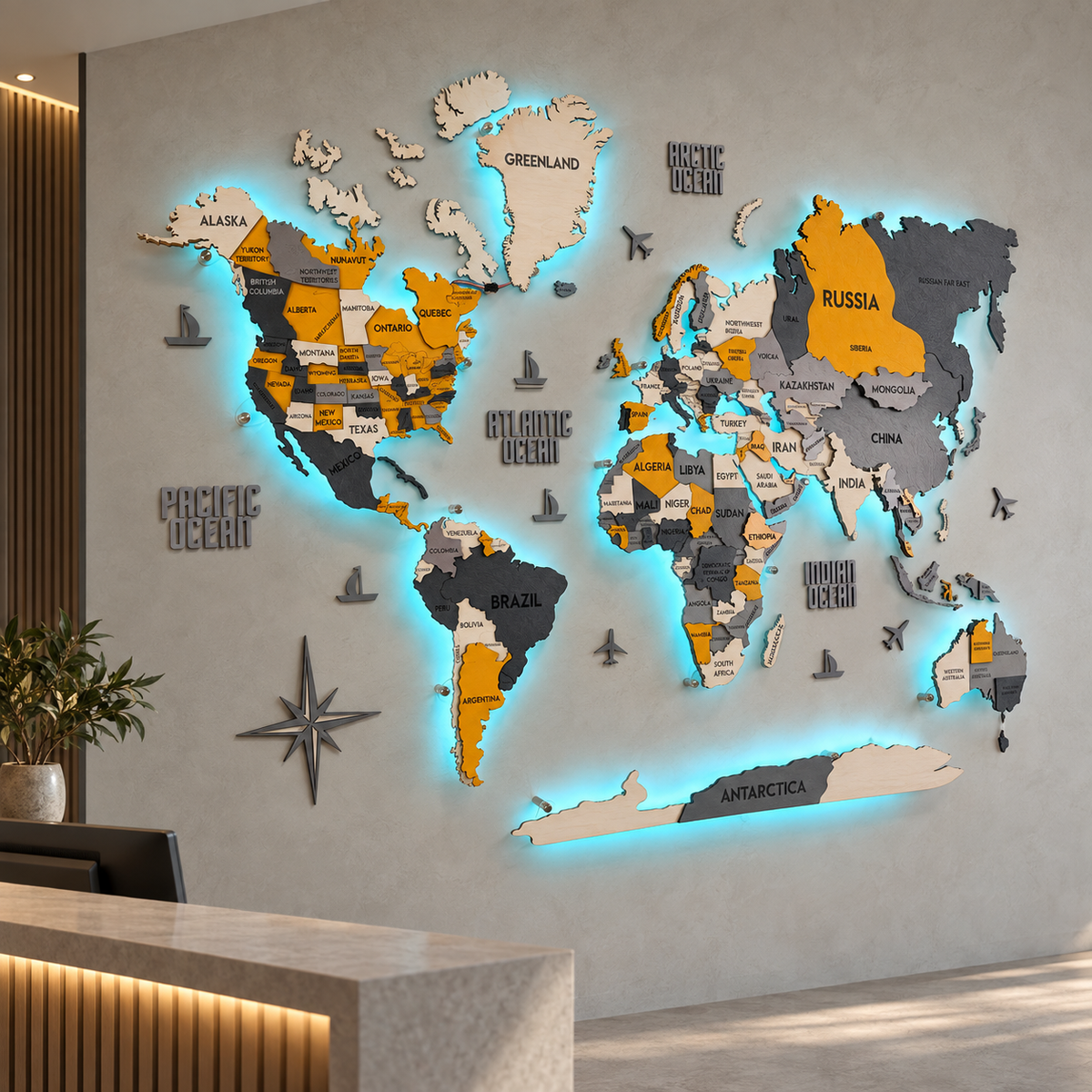 Drewniana mapa świata 3D LED wielowarstwowa, kolor Urban