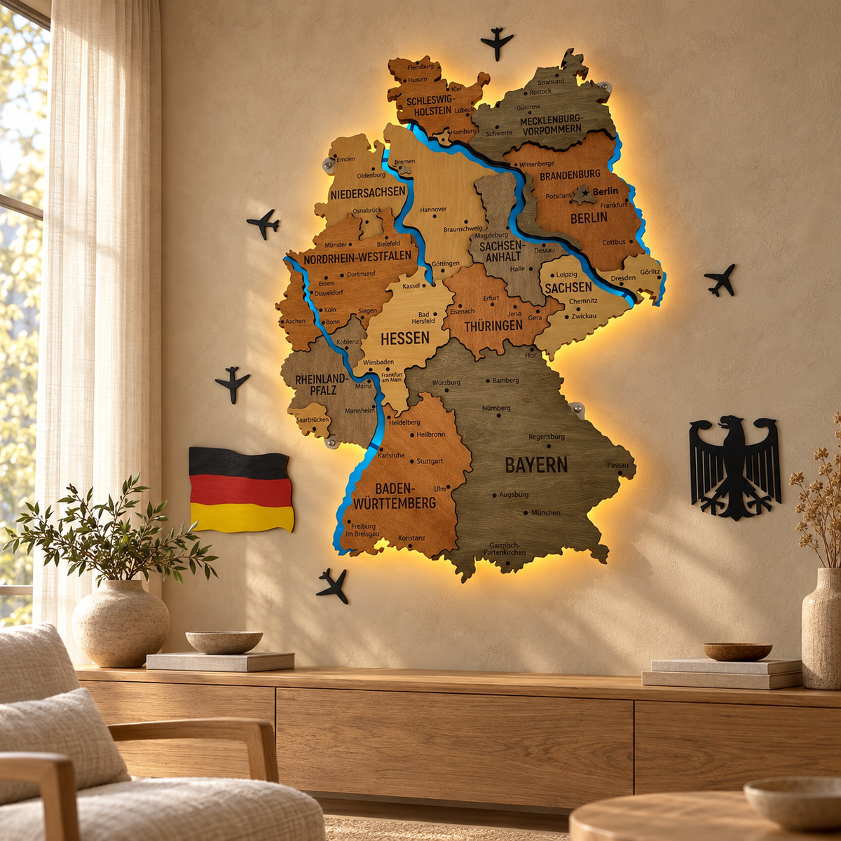 Akrylowa mapa Niemiec z rzekami, kolor Warm