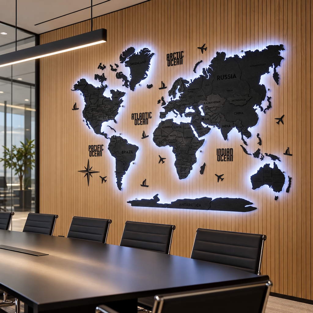 Drewniana mapa świata 3D LED wielowarstwowa, kolor Nero