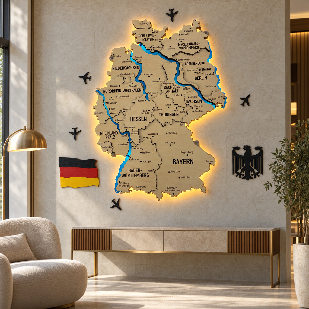 Akrylowa mapa Niemiec z rzekami, kolor Natural