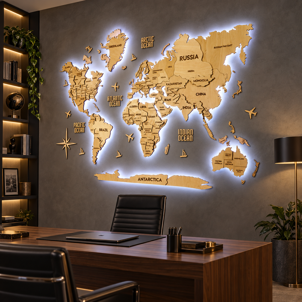 Drewniana mapa świata 3D LED wielowarstwowa, kolor Natural