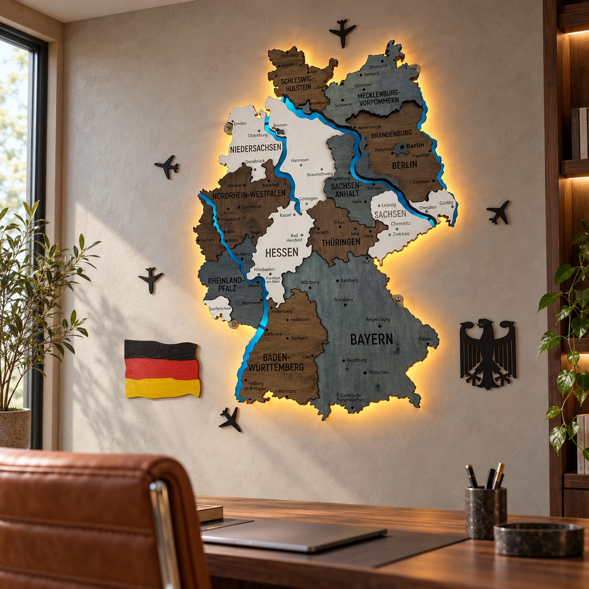 Akrylowa mapa Niemiec z rzekami, kolor Loft