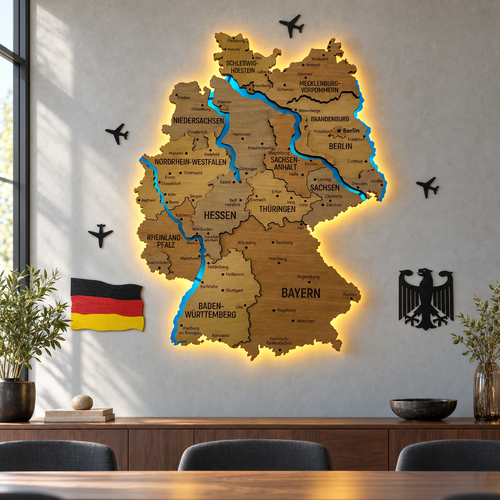 Akrylowa mapa Niemiec z rzekami, kolor Dark Nut