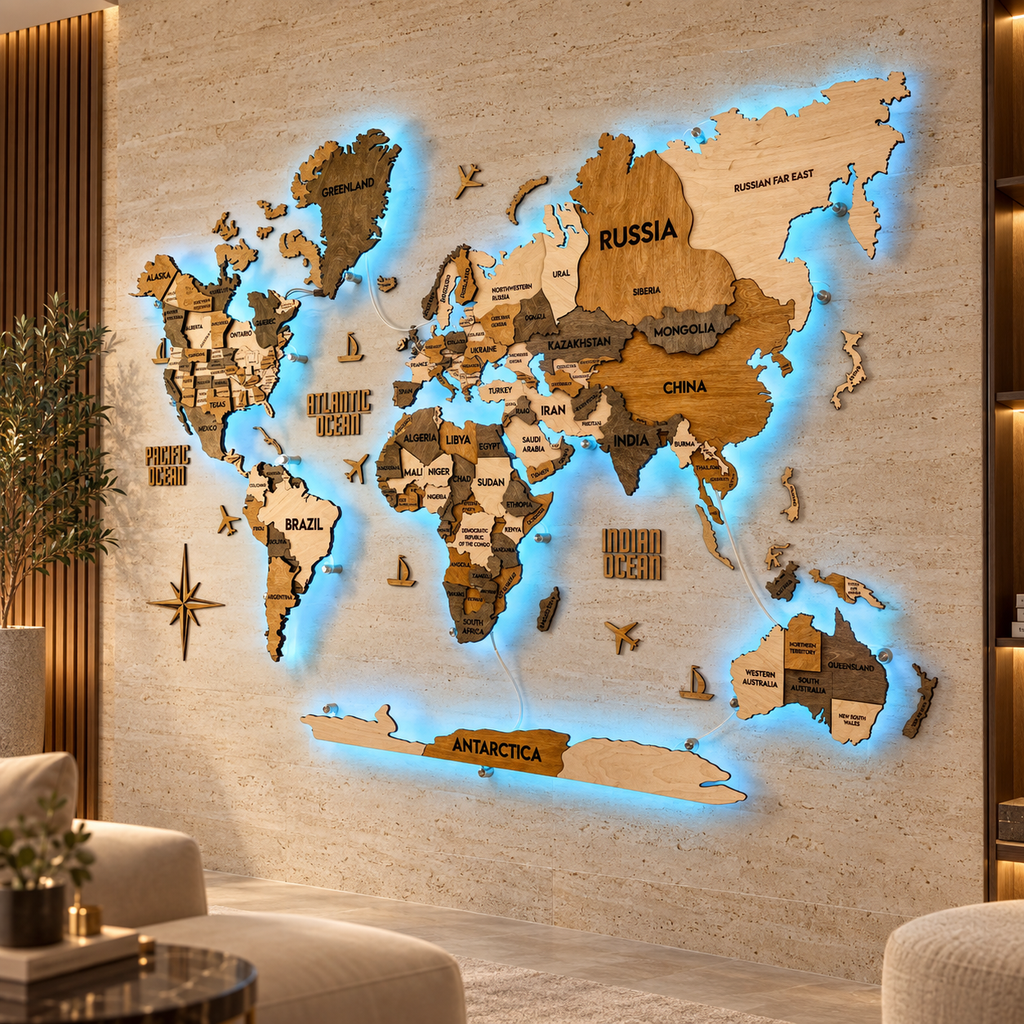 Drewniana mapa świata 3D LED wielowarstwowa, kolor Wonder