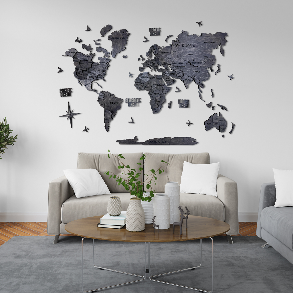 Drewniana mapa świata 3D wielowarstwowa, kolor Dark
